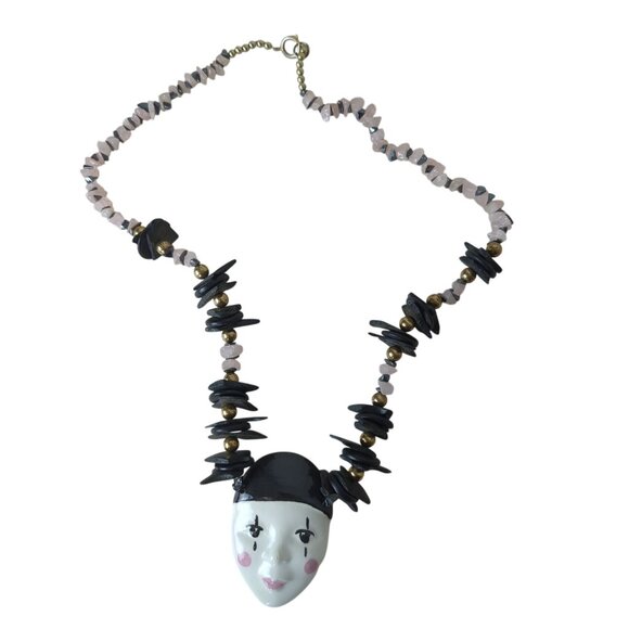 Vintage Harlequin Face Ceramic Pendant Necklace Pink and black stone & wood‎ 25" - Picture 1 of 16